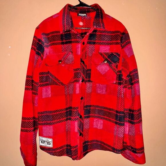 True Religion Men's Polar Fleece Button Down Jacket Plaid Flannel - Size Medium - Picture 1 of 10